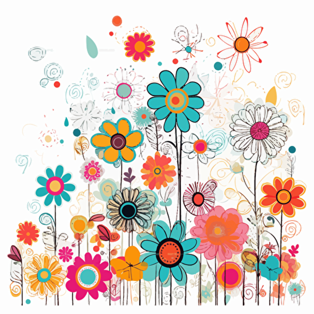 adorable brightly colored floral design on a white background + doodle style + white background + simple vector + bright colors