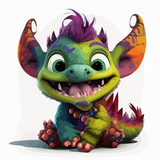 A saturated colorfull baby fur dracoliche, goofy looking, smiling, white background, vector art , pixar style