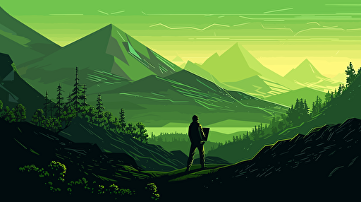 A world where there are green mountains and a programmer coding on the mountain in the distance, wallpaper, 2d vector,