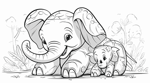 a cute turtle hugging with an elephant, disney cartoon style, black and white, coloring page, vector, hd