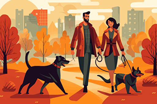 couple and friends walking with the dog in the park, free vector, in the style of 1960s, animated illustrations