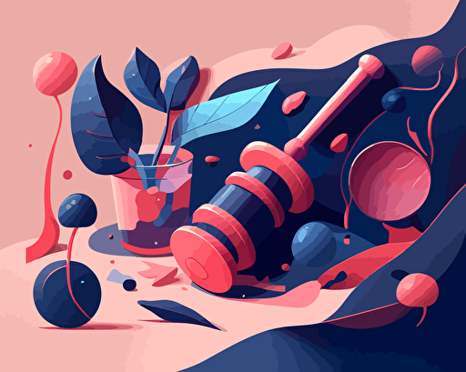 a gavel and pencil, vector illustration, in the style of light pink and indigo, raw documentation, atey ghailan, innovative page design, dark azure and red, organic and flowing forms, petcore