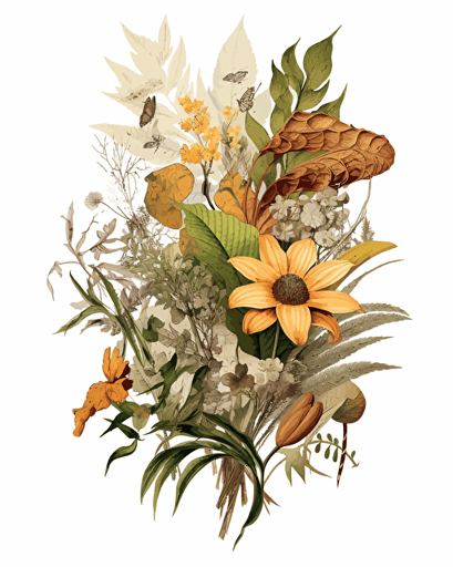 detailed botanical illustration showcasing a variety of plant species in earthy tones. The composition should include plants such as ferns, sunflowers, and ivy, with intricate details that highlight the beauty of each species. Emphasize the use of natural, earthy colors to create a harmonious and organic visual experience. White background, vector