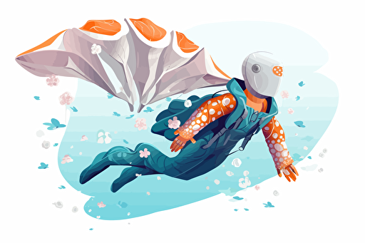 vector. fantastical humanoid man with whale clothing, skydiving in a beautiful landscape. with no text, closed shape. white background