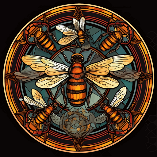 stained glass bees in a circluar window, hyper detailed, epic composition, vector design on the edges of the image