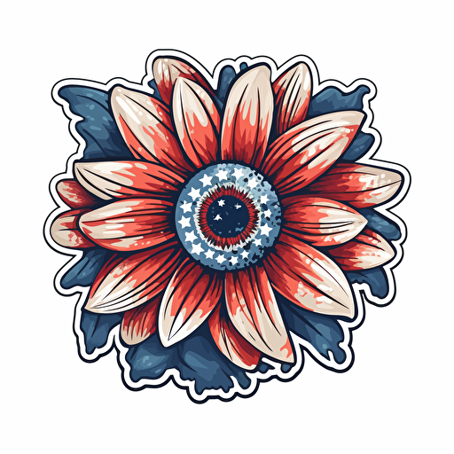 close up vector illustration for a sticker, of the head of a flower, no stem. its petals are colored in the stars and stripes of the american flag. on white background