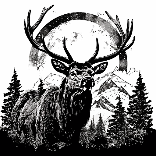 illustrated elk bowing head in contemplation, black and white vector, simple, ::woodblock style