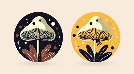 minimal vector logo of a mushroom and pothos, lavender and golden yellow colors ::2 with white and black accent, folk music