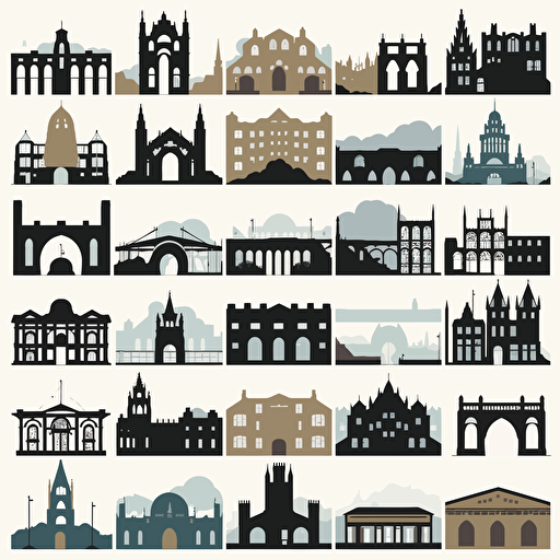 Flat 2d vector-style silhouettes of landmarks in Wellingborough UK, such as Swanspool house, the railway sheds, pork pie church, all saints church, the fourteen arches viaduct, wellingborough war memorial, our lady church, all landmarks to be flat and side by side on a horizon line