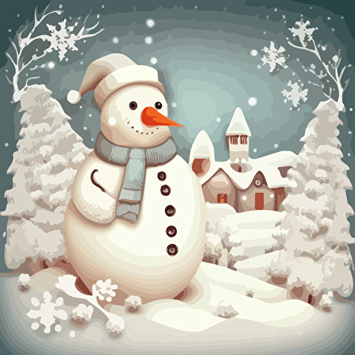 Christmas snowman on the background of a winter landscape, snowy view, christmas garland, vector illustration