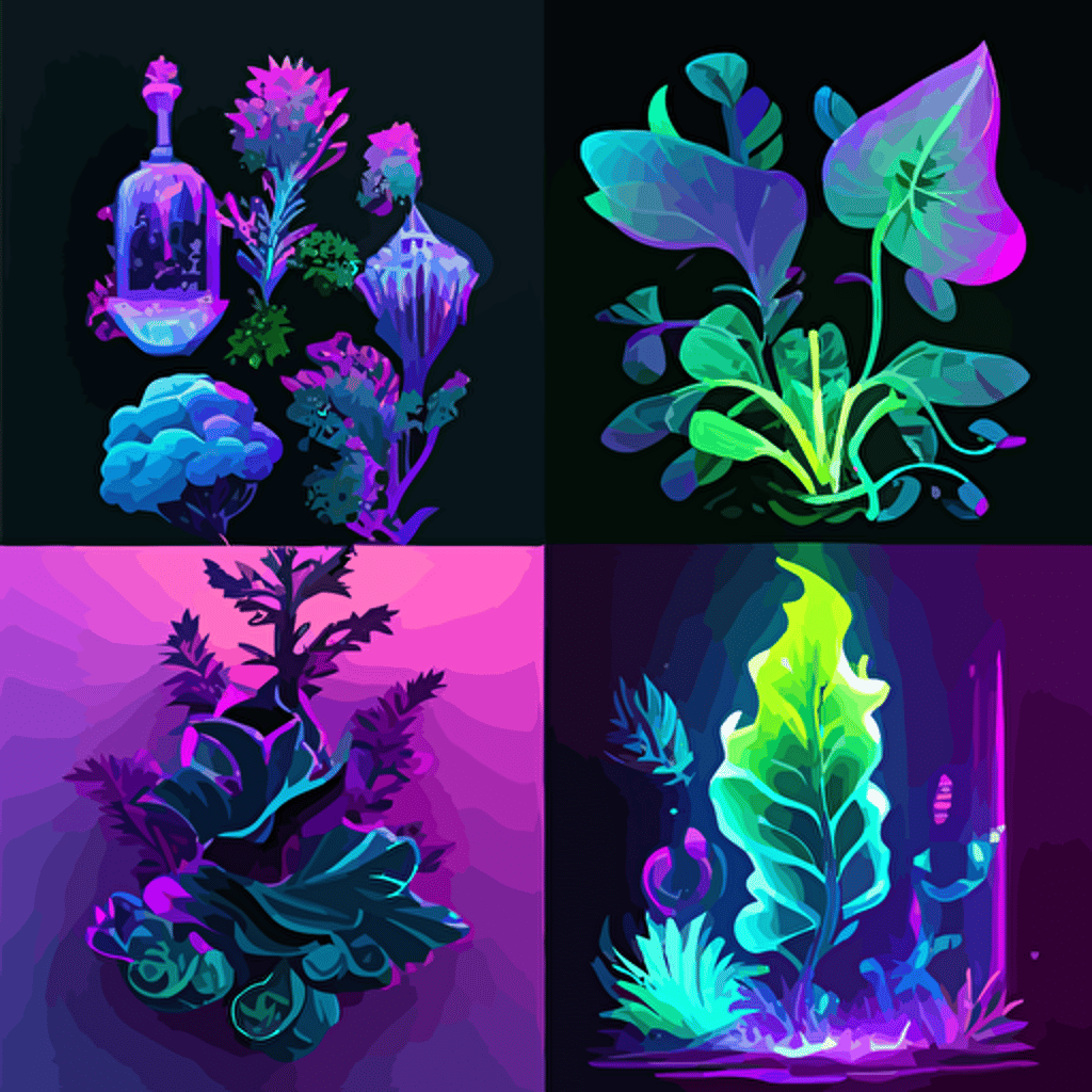 Vector illustrations, project design, plants and nature design with figures, use colors neon green, purple, light blue, white, black
