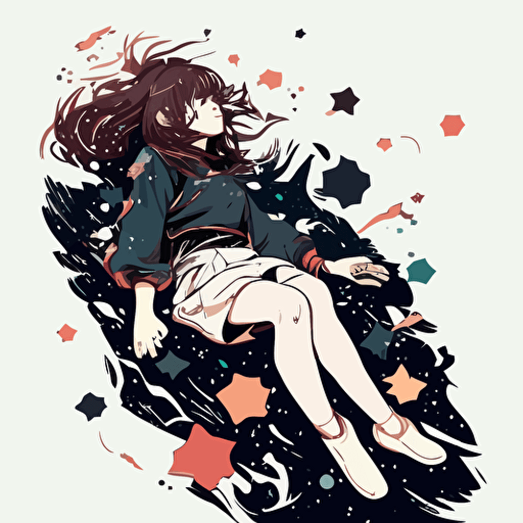 Girl floating in space,stars, Relaxed, Dark colours, ,Anime, Contour, Vector, White background, Detailed
