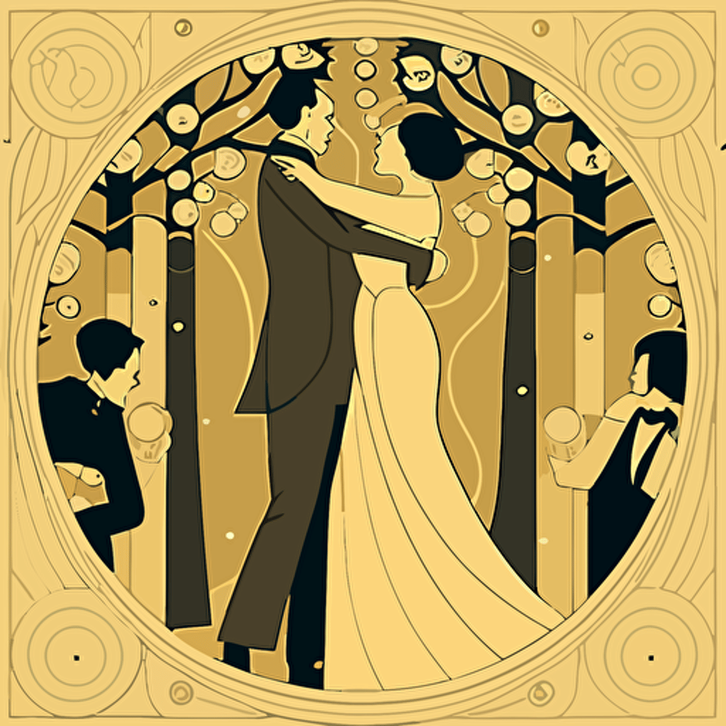 Based on Gustav Klimt's decorative style, design a vector illustration of an elegant ballroom scene with couples dancing together, using simple shapes, patterns, and a golden color palette. Set the scene in the early 20th century.