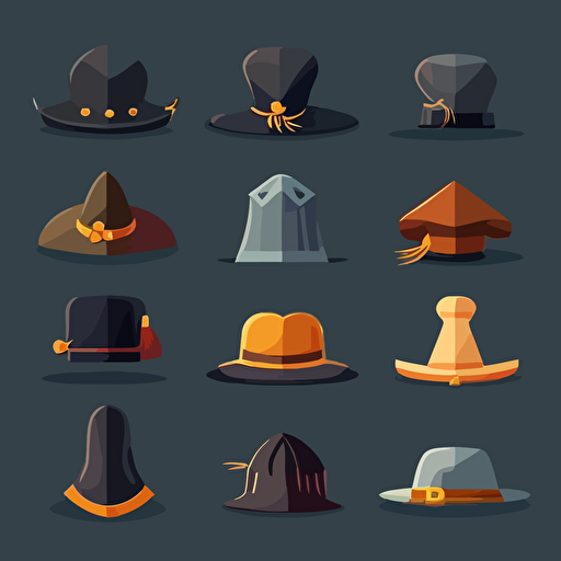 a collection of simple minimalistic cartoon vector illustration hats in different basic styles on a dark solid color background