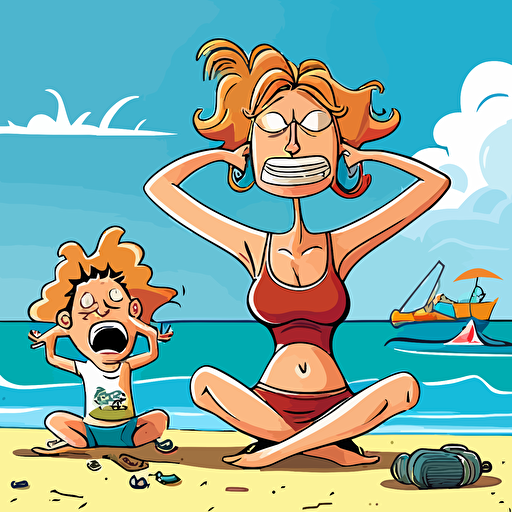 a funny cartoon of mother trying to relax at the beach by doing a yoga pose and a child in the background making trouble, funny, hilarious, vector