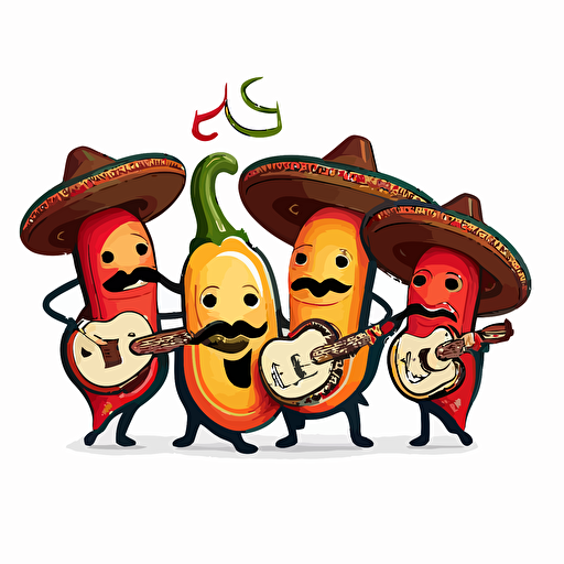a cute smily chili peppers mariachi band, white background, cartoon style, vector style