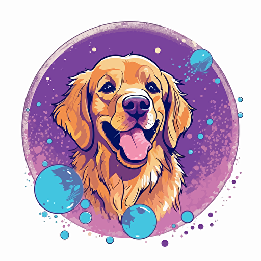 A vector logo of a golden retriever with bubbles, simple, memorable, sincere, honest, wholesome, down-to-earth, purples, blues