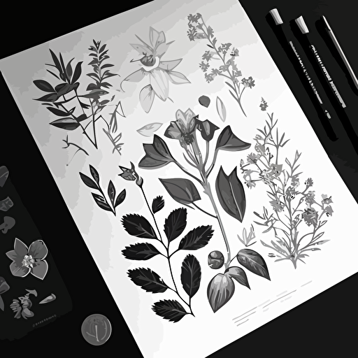 pdf vector drawing of florals and botanicals, black and white, fine line