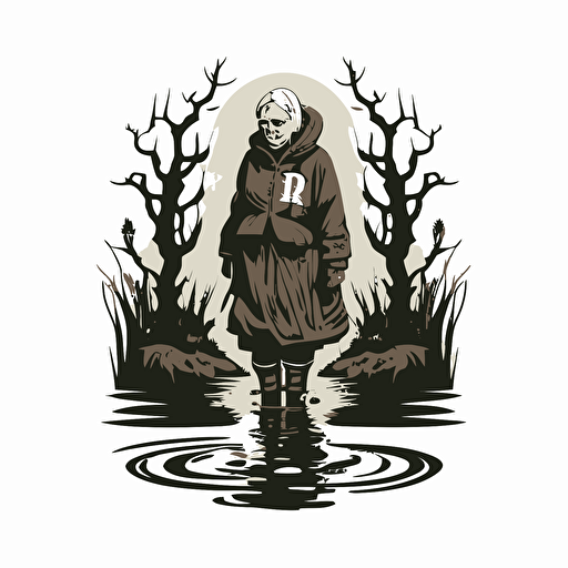A logo with an old lady in rubber boots standing in a swamp as the symbol. Vector, simple, two-color with white background