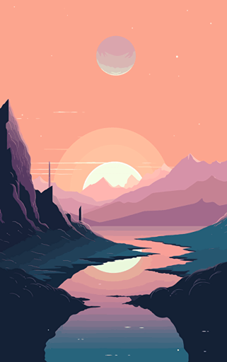 Vector design Minimal Hiroshi Nagai Inspired Clean and minimalistic styleScene depicting a [alien moutain with jupiter and ocean and clear sky][PASTEL and warm color scheme]