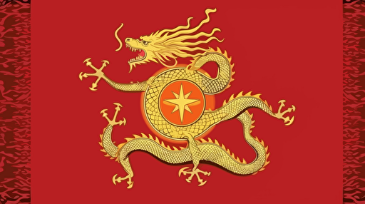 badass fiery detailed red and gold fierce dragon empire flag with big chinese star and dragon in the middle, futuristic and minimalistic government flag design, badass design, powerful nation, vector emblem