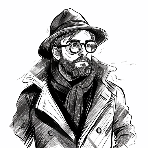 man with glasses using hat and coat, doodle vector ilustration