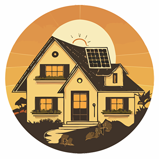 simple logo, vector small round sticker, small house with solar panels during sunset