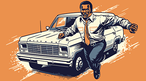 vector art style, OJ Simpson in a white Bronco running from police, in the style of Michael Parks,