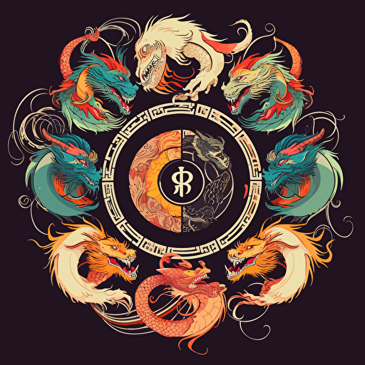 a boho logo of nine Chinese dragons, vector, 2d