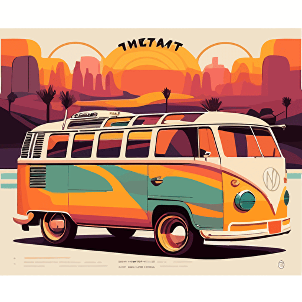 Minimalistic, Vector volkswagen bus T2 1975, Pop art deco noveau, flat 2d vector design, pastels, landscape art, city skyline with rivers and bridges and rolling hills, sunrise, volumetric, Natural color scheme, Digital art, Flat, Opaque colors, Octane render, Volumetric lighting, Clean linework, Muted color palette, Hard shadows, Kilian Eng
