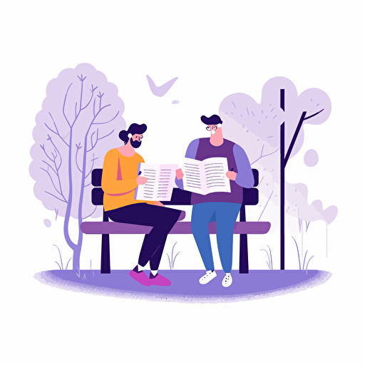 two people sitting on a bench reading a book. Artsy flat vector illustration, light purples, white background