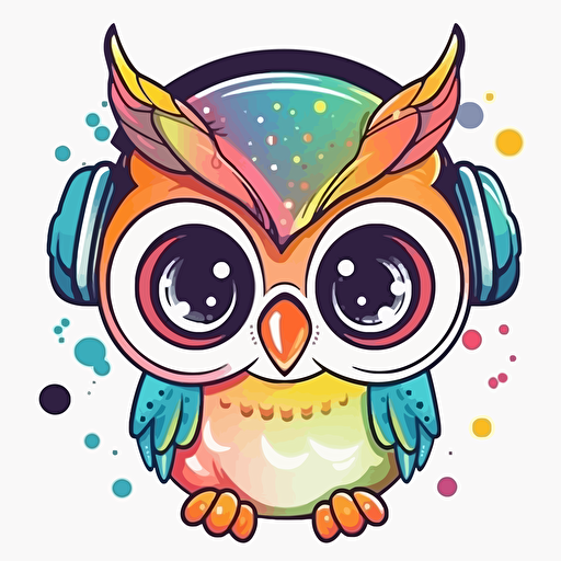 sticker, Happy Colorful Owl wearing Head phones, kawaii, contour, vector, white background