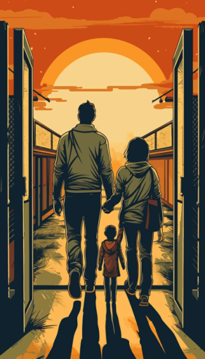 a vector image of a family welcoming father leaving prison, heartfelt, graffiti style