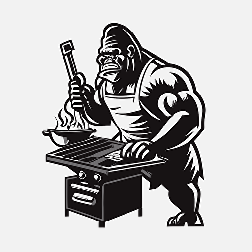 a gorilla chef cooking on a grill , black and white vector twitch emote style