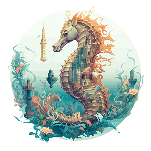 round up design with digital illustration of sea horse, magic world inspired by Studio Ghibli, vector illustration, intricate details, unreal engine, extremely high detailing, sharp, white background