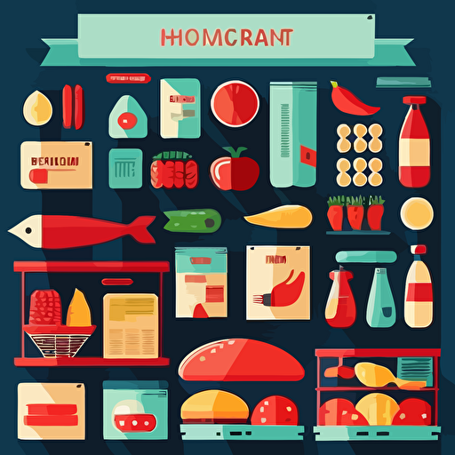 modern supermarket isotype, fruits, vegetables, drugstore, meat, fish, bread, minimal design, vector, simple, flat, trasnparent background,