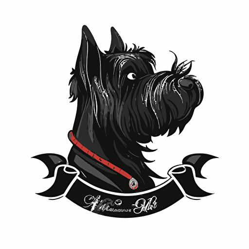 a maskot logo of a black scottish terrier with a white victorian ruffle collar, side profile, white background, vector