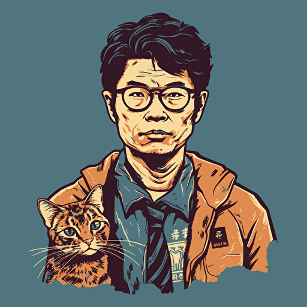 vector art style 28 year old asian cat man, in the style of Micheal Parks