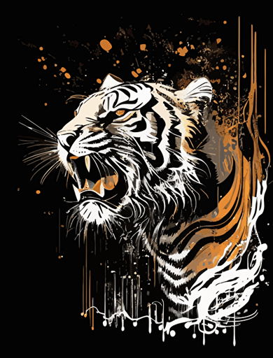 roaring tiger, abstract art illustration, white bamboo on black background, vector art