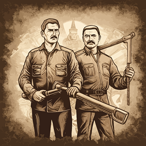 Putin and Stalin holding hammers in Obey theme, vector, highly detailed, gritty