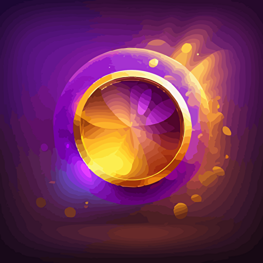 Gold coin icon. Magical glowing around. Bright and voluminous, vector. Purple background