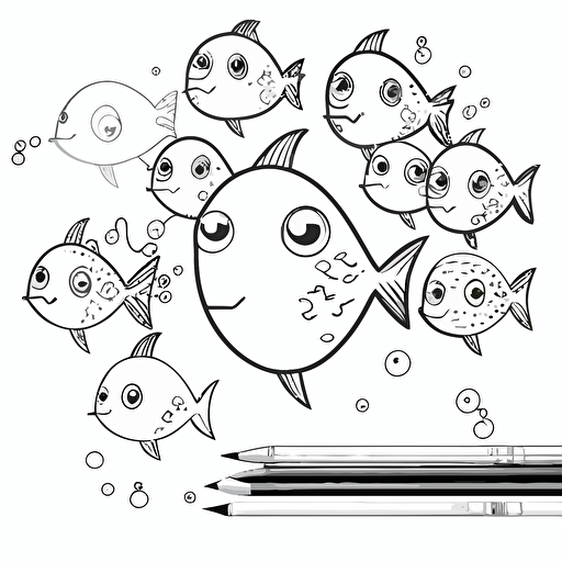 simple cute fishes at school, to color for kids, black and white, lineart, thin line, clear edge, vector
