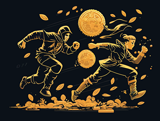 vector of robbery chasing victim and carrying gold copyright coins, in the style of code-based creations, innovating techniques