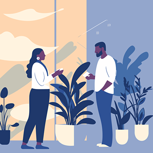 Two people in business casual clothing, talking to each other in an engaging conversation, in an office setting with plants in the background. flat style illustration for business ideas, flat design vector, industrial, light color pallet using a limited color pallet, high resolution, engineering/ construction and design, colored cartoon style, light indigo and light gold, cad( computer aided design) , white background