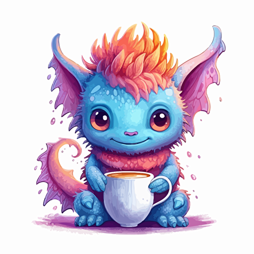 cute creature with cup of hot chocolate, highly detailed colorful, vector art, white background, ghibli studio style