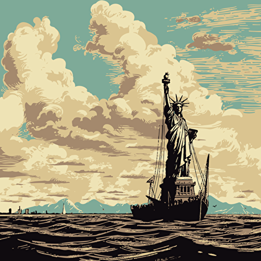 Statue of Liberty, New York skyline, 1800s, ferry, vector art, clouds
