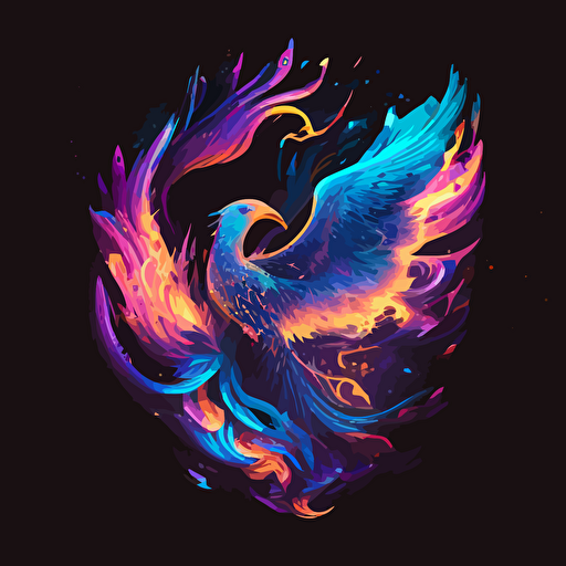 phoenix rebirthing and rising from the ashes through consciosuness expansion. Neon pink and blue fire, galaxy golden light black vector illustration