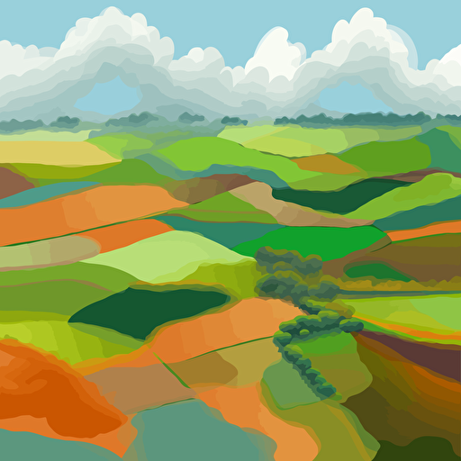 farmland from above, perspective, vector art, blues, greens, browns, oranges, clouds in the sky