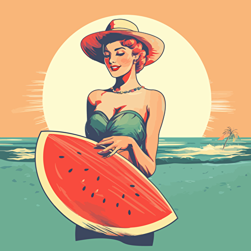girl on the beach with watermelon, pin-up style, vector style