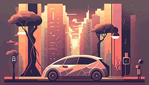 electric car charging in futuristic city , flat warm pastel colours, muted coloursillustration,vector,